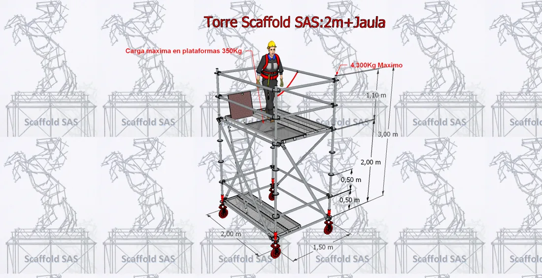 Torre móvil Ringlock Scaffold SAS de 2 metros con jaula de trabajo